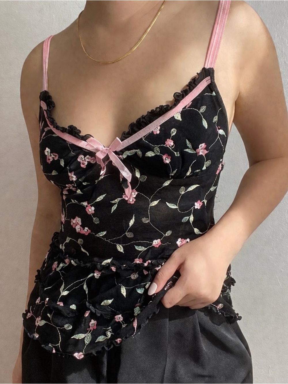 Floral Embroidered Cami Top with Ruffle Trim